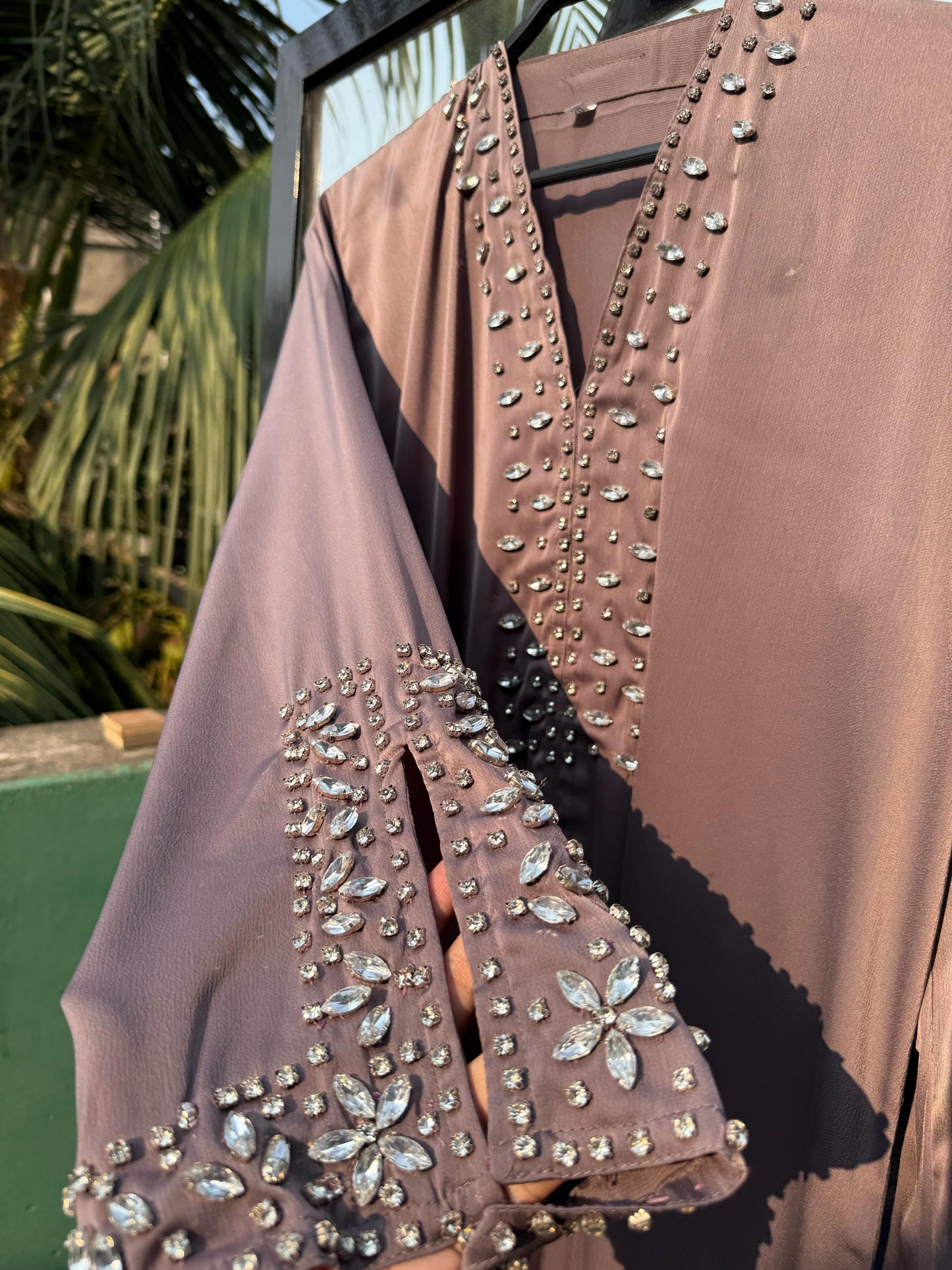 Traditional Abaya for Women – Satin Fabric with Handcrafted Stone Work – Free Black Stole