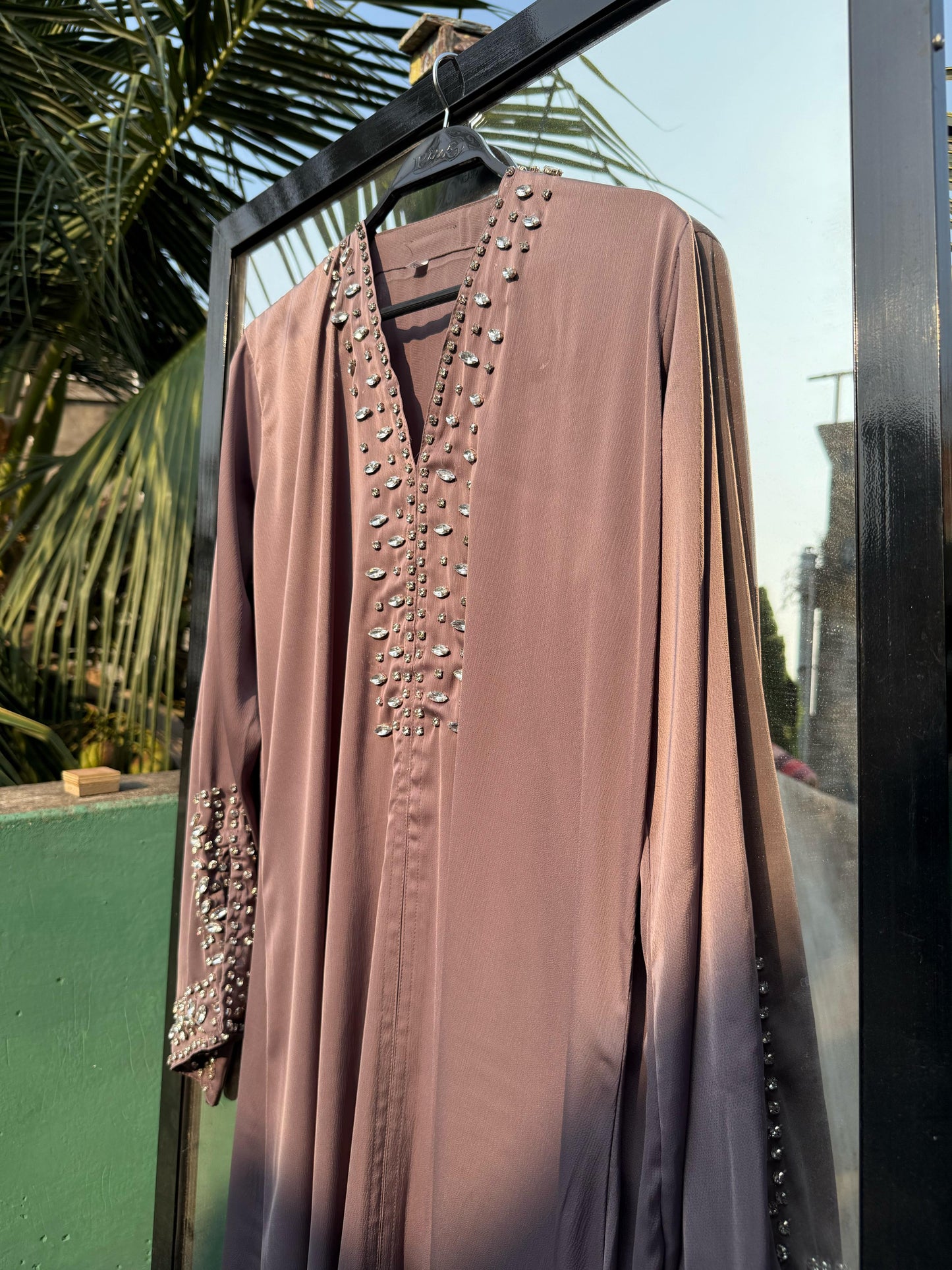 Traditional Abaya for Women – Satin Fabric with Handcrafted Stone Work – Free Black Stole