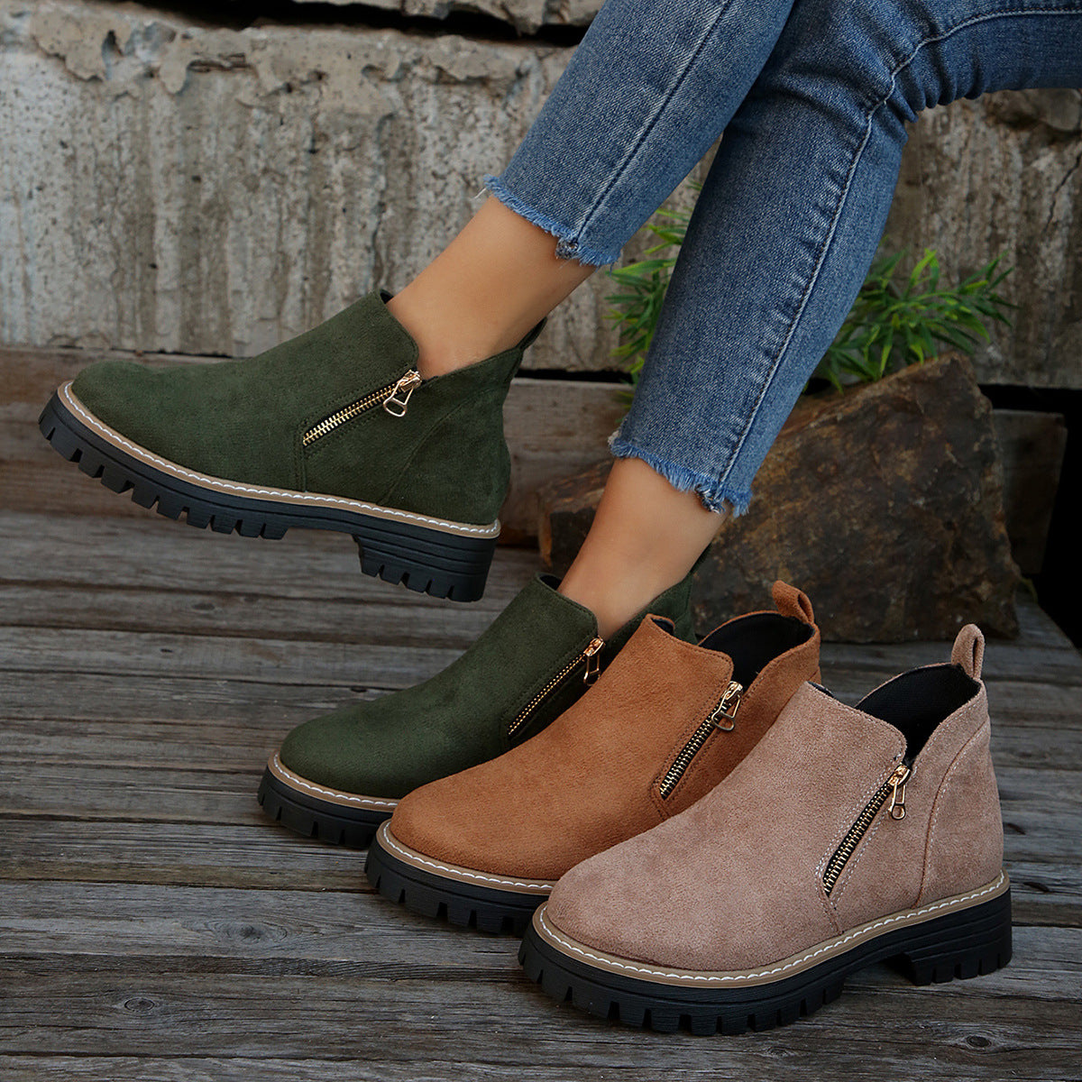 Women’s Suede Ankle Boots – Side Zipper Chunky Heel, Autumn Winter Fashion Outdoor Warm Booties