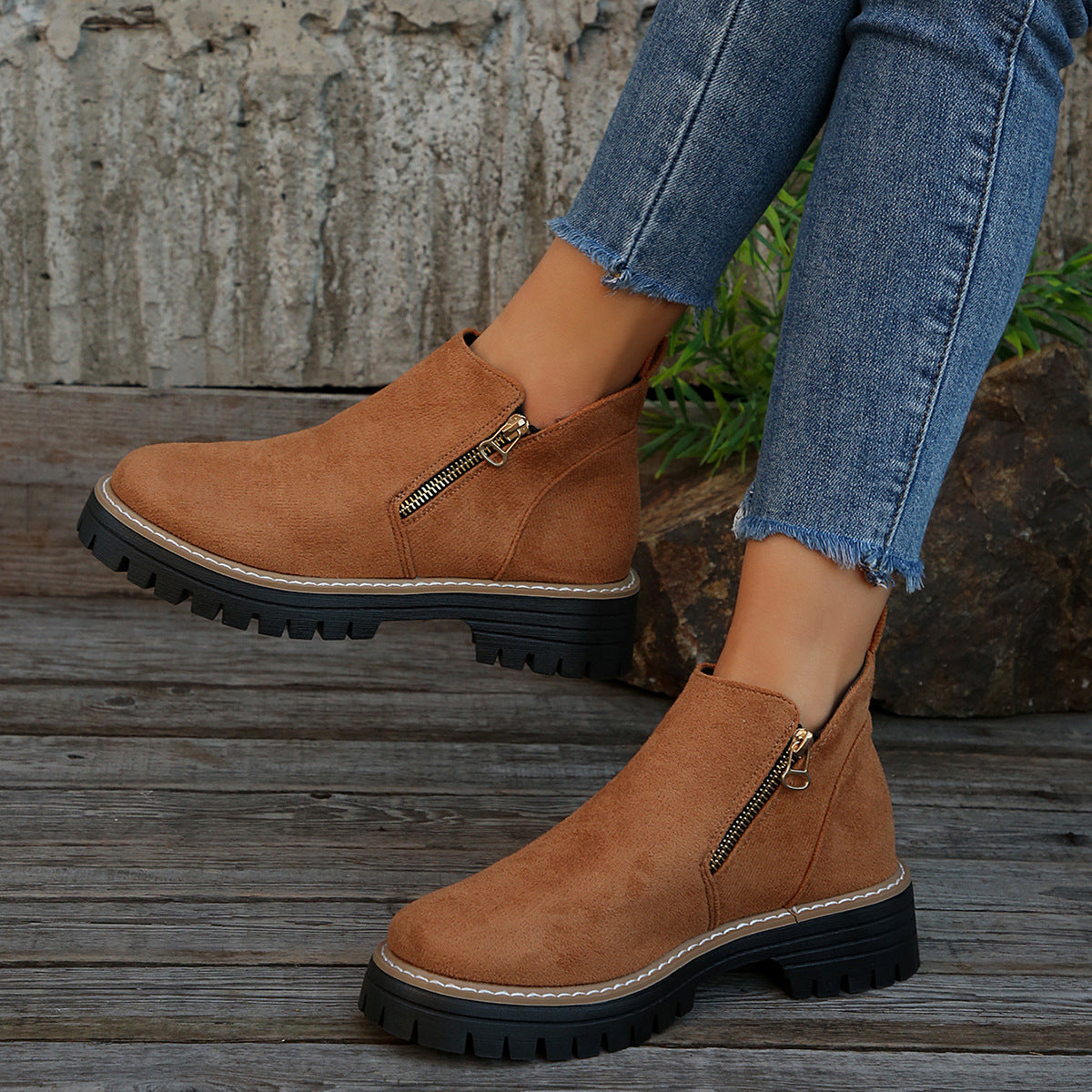 Women’s Suede Ankle Boots – Side Zipper Chunky Heel, Autumn Winter Fashion Outdoor Warm Booties