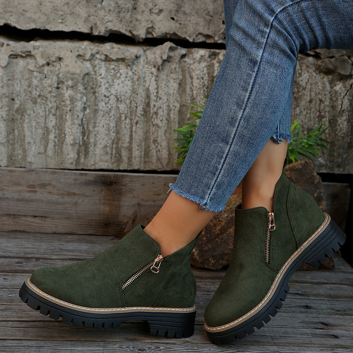 Women’s Suede Ankle Boots – Side Zipper Chunky Heel, Autumn Winter Fashion Outdoor Warm Booties