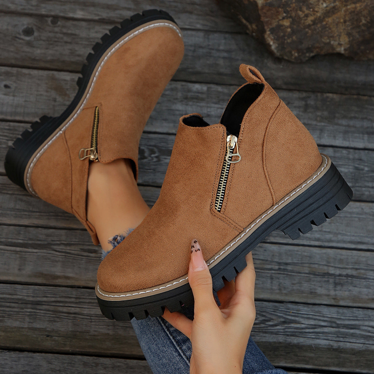 Women’s Suede Ankle Boots – Side Zipper Chunky Heel, Autumn Winter Fashion Outdoor Warm Booties