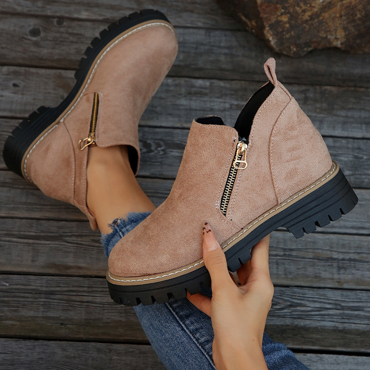 Women’s Suede Ankle Boots – Side Zipper Chunky Heel, Autumn Winter Fashion Outdoor Warm Booties