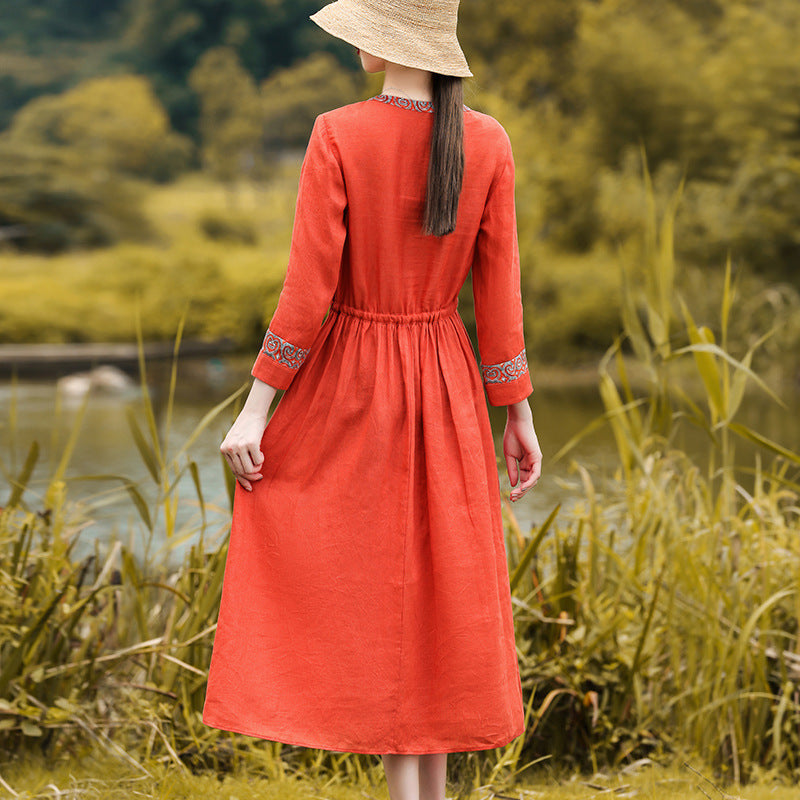 Vintage Cotton Linen Patchwork Midi Dress – Artistic Long Sleeve Round Neck, Women’s Lace-Up Cinched Waist