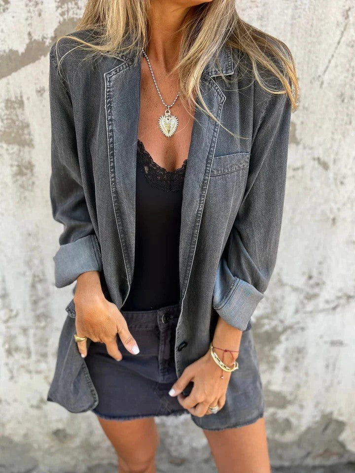 Women’s Denim Lapel Shirt Jacket – Solid Color Long-Sleeve Top, Casual Streetwear, Fashionable Autumn & Spring Daily Outerwear