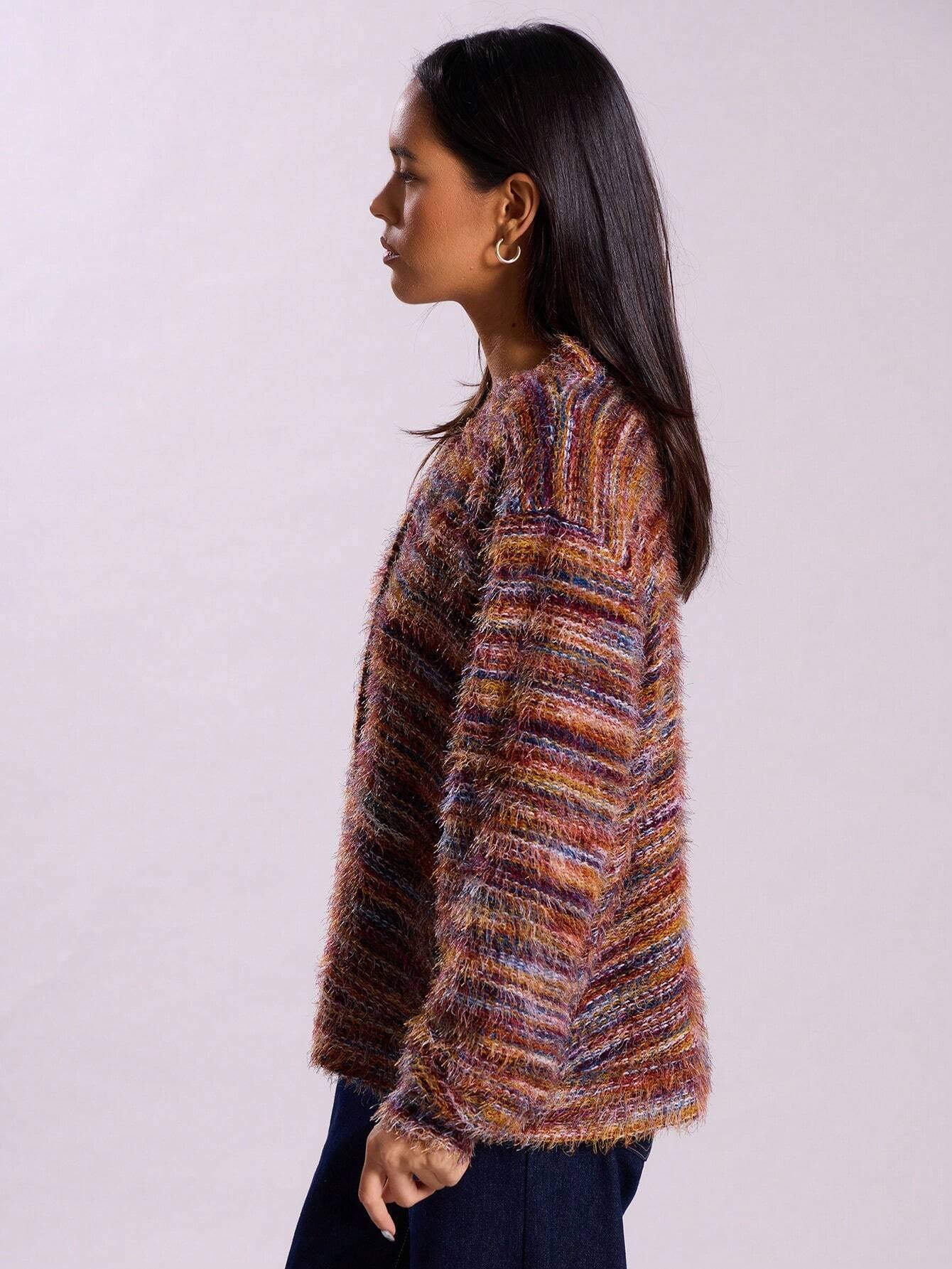 Women’s Winter Stripe Knitted Sweater – Button-Up Cropped V-Neck Cardigan, Long Sleeve Fashion Top