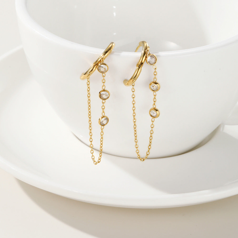 Titanium Steel Zircon Tassel Chain Earrings – Trendy Internet Hot Dangle Jewelry for Women