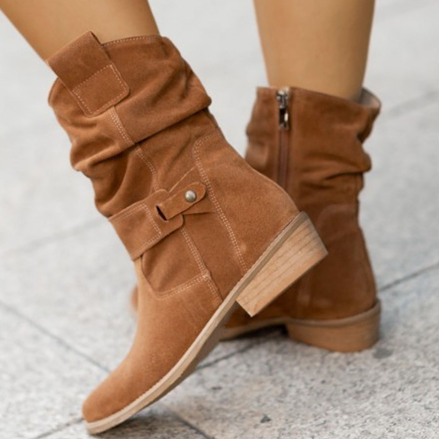 Ins Pointed Toe Mid-Calf Suede Zipper Western Boots – Fashion Winter Shoes for Women