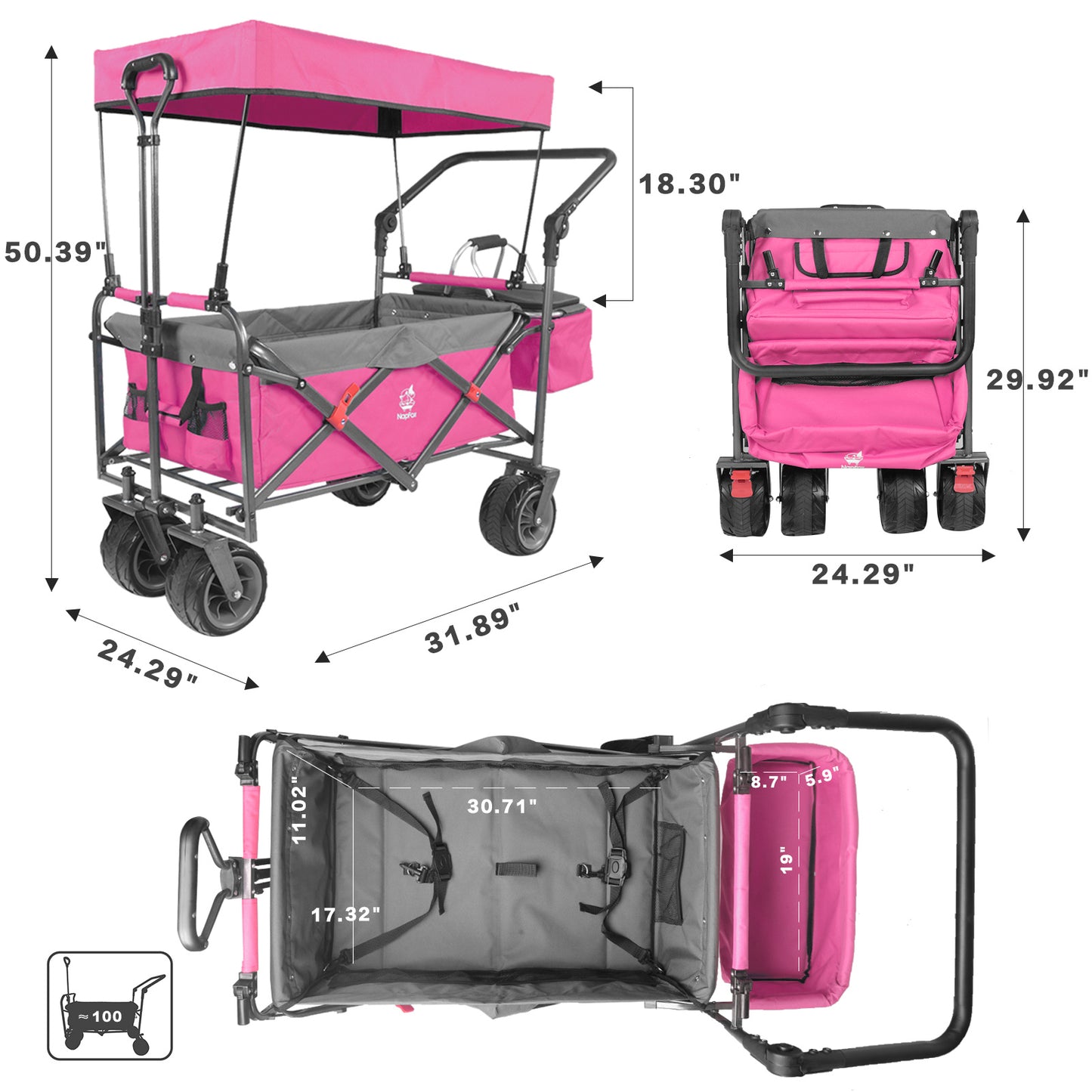 Collapsible 140L Folding Wagon Cart with Canopy & Cooler Bag – All-Terrain Wheels, Camping & Beach Wagon
