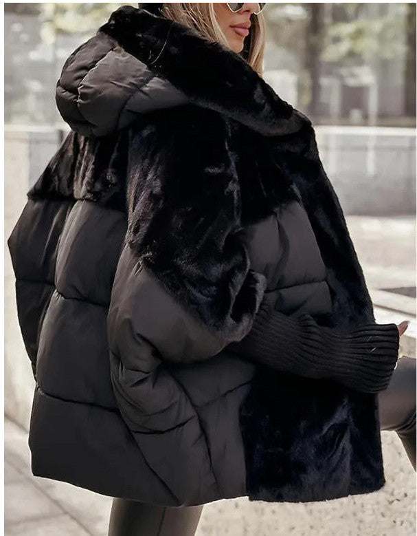 Women’s Loose Cotton Coat – Faux Fur Patchwork, Winter Hooded Jacket, Comfort Chic Long Sleeve Outerwear