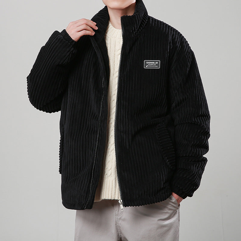 Unisex Corduroy Cotton-Padded Winter Coat – Warm Stand Collar Zipper Jacket, Casual Outdoor Streetwear, Comfortable Thick Long Sleeve Outerwear