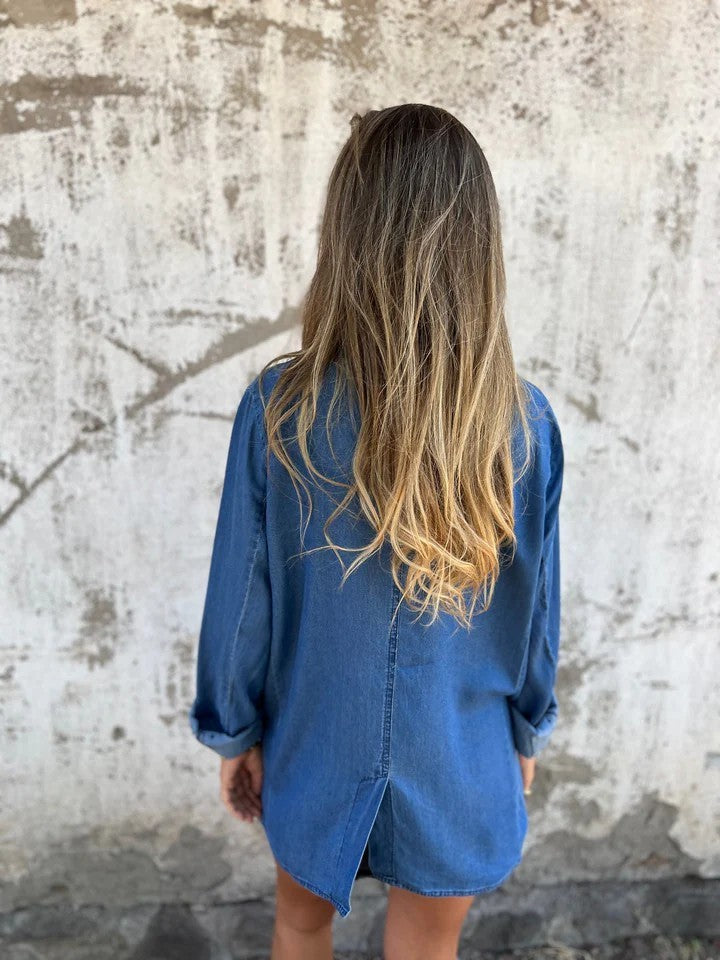 Women’s Denim Lapel Shirt Jacket – Solid Color Long-Sleeve Top, Casual Streetwear, Fashionable Autumn & Spring Daily Outerwear