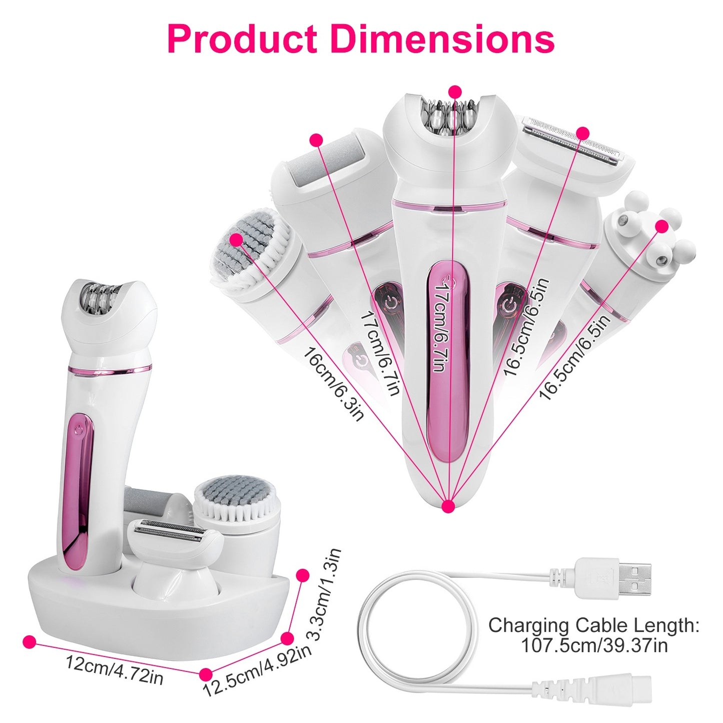 5-in-1 Electric Body Epilator Rechargeable Women’s Grooming Kit – Shaver, Facial Brush, Callus Remover, 5-Point Massager, LED Light & Display, Charging Base