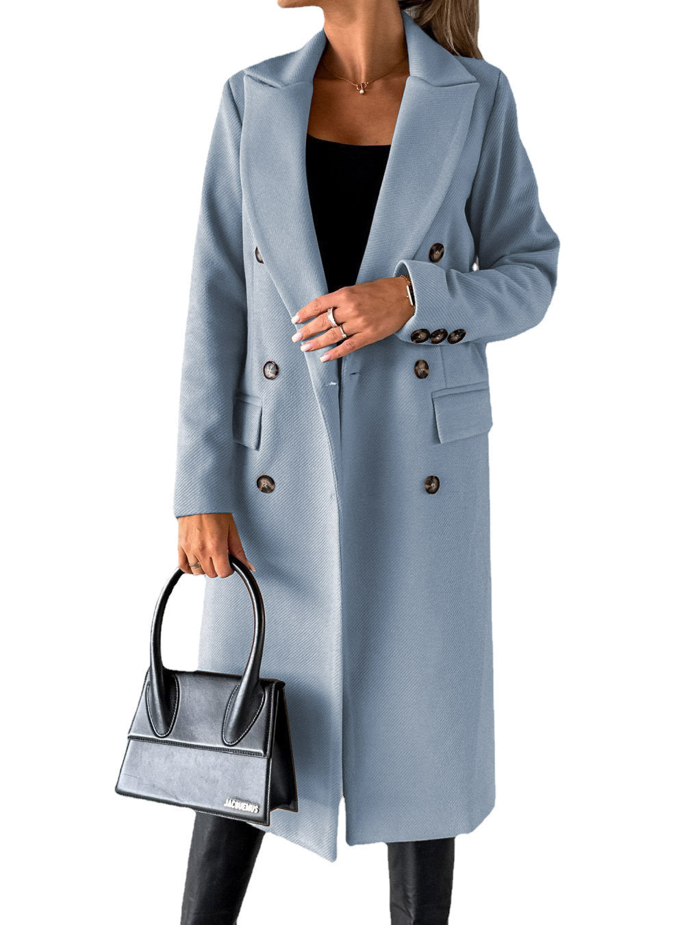 Women’s Double Breasted Lapel Winter Coat – Solid Slim Long Jacket, Fashionable Long Sleeve Top