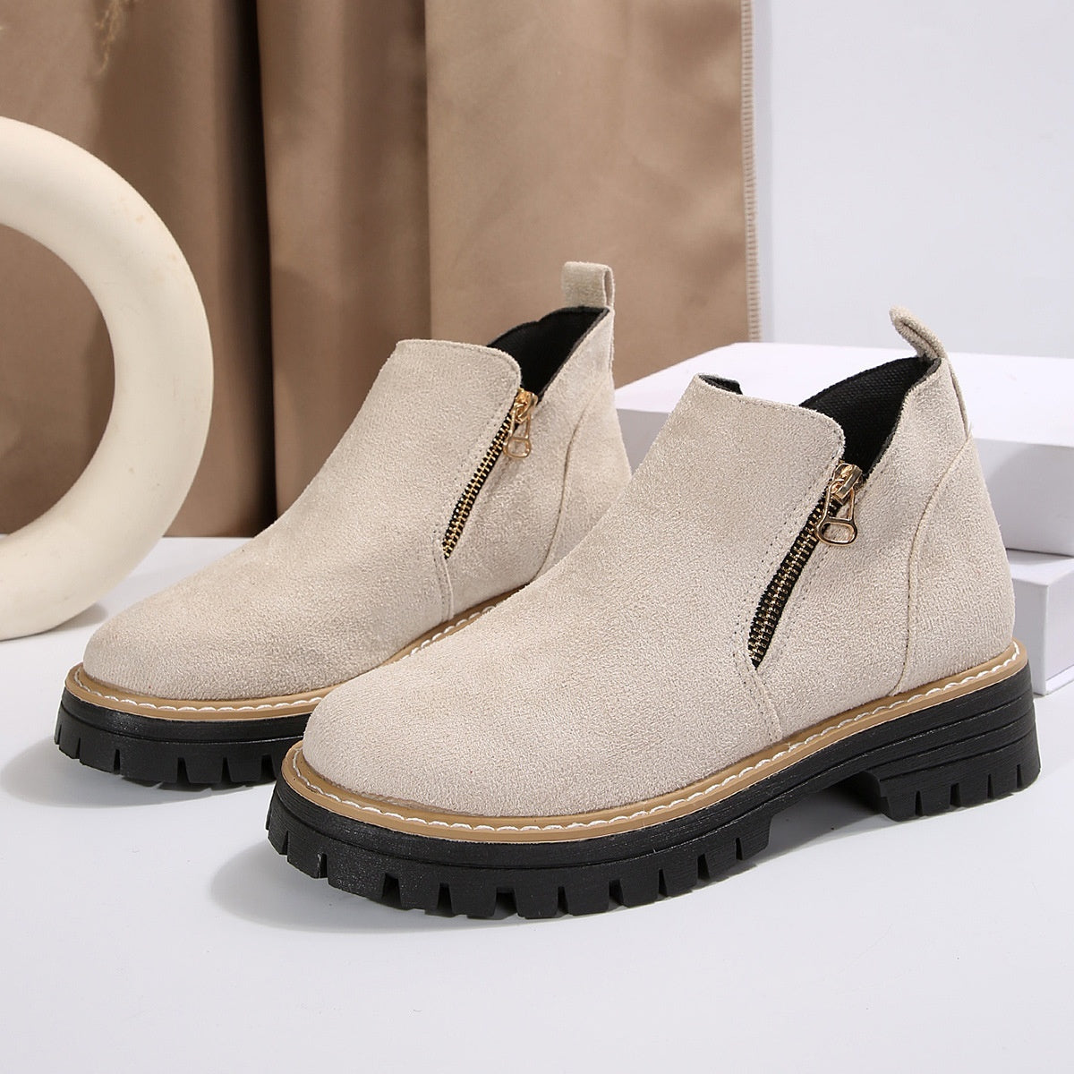 Women’s Suede Ankle Boots – Side Zipper Chunky Heel, Autumn Winter Fashion Outdoor Warm Booties