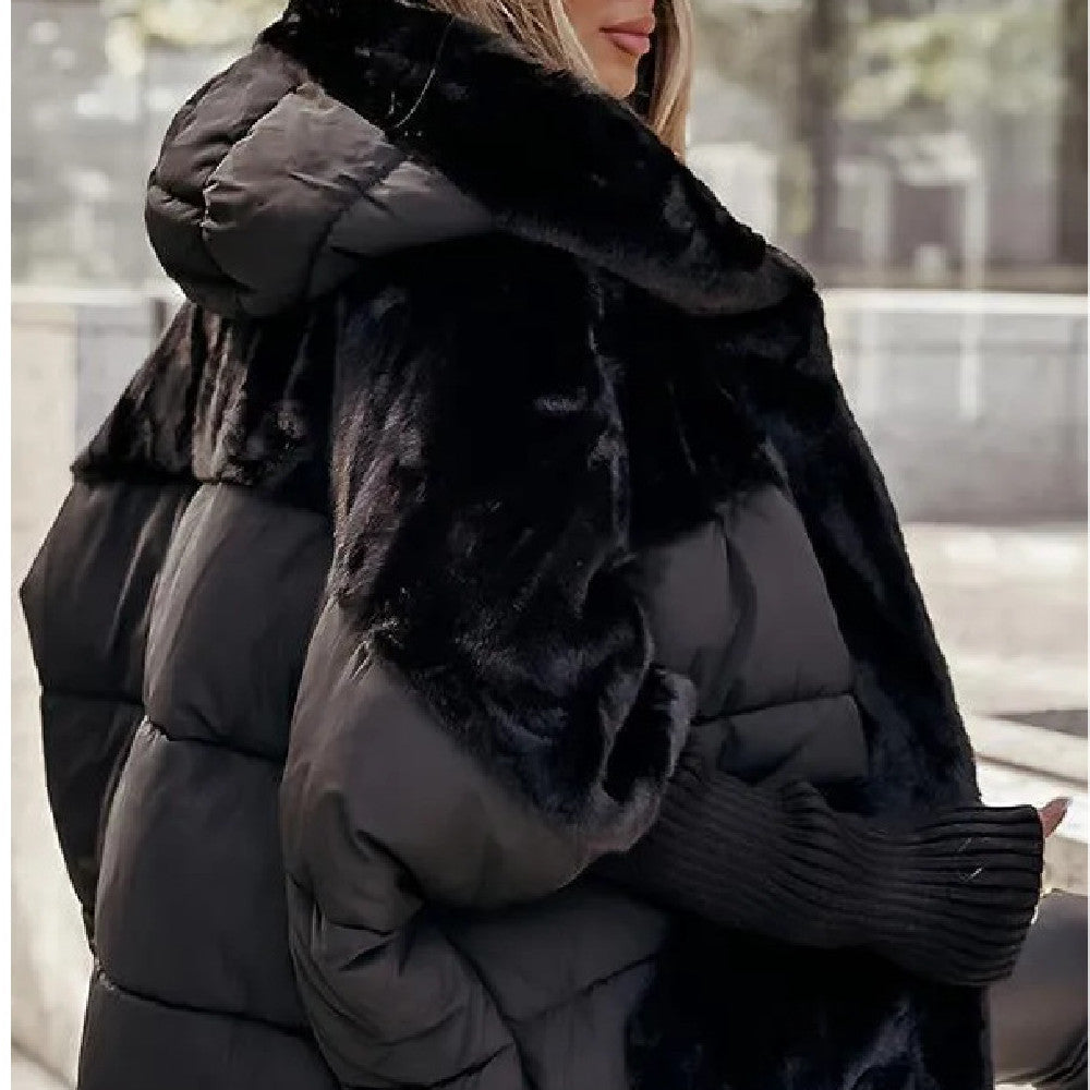 Women’s Loose Cotton Coat – Faux Fur Patchwork, Winter Hooded Jacket, Comfort Chic Long Sleeve Outerwear