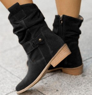Ins Pointed Toe Mid-Calf Suede Zipper Western Boots – Fashion Winter Shoes for Women