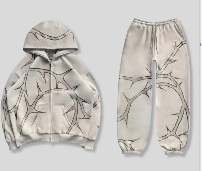 Street Style Hot Drilling Zip Hoodie & Trouser Set – Urban Fashion Tracksuit for Men & Women