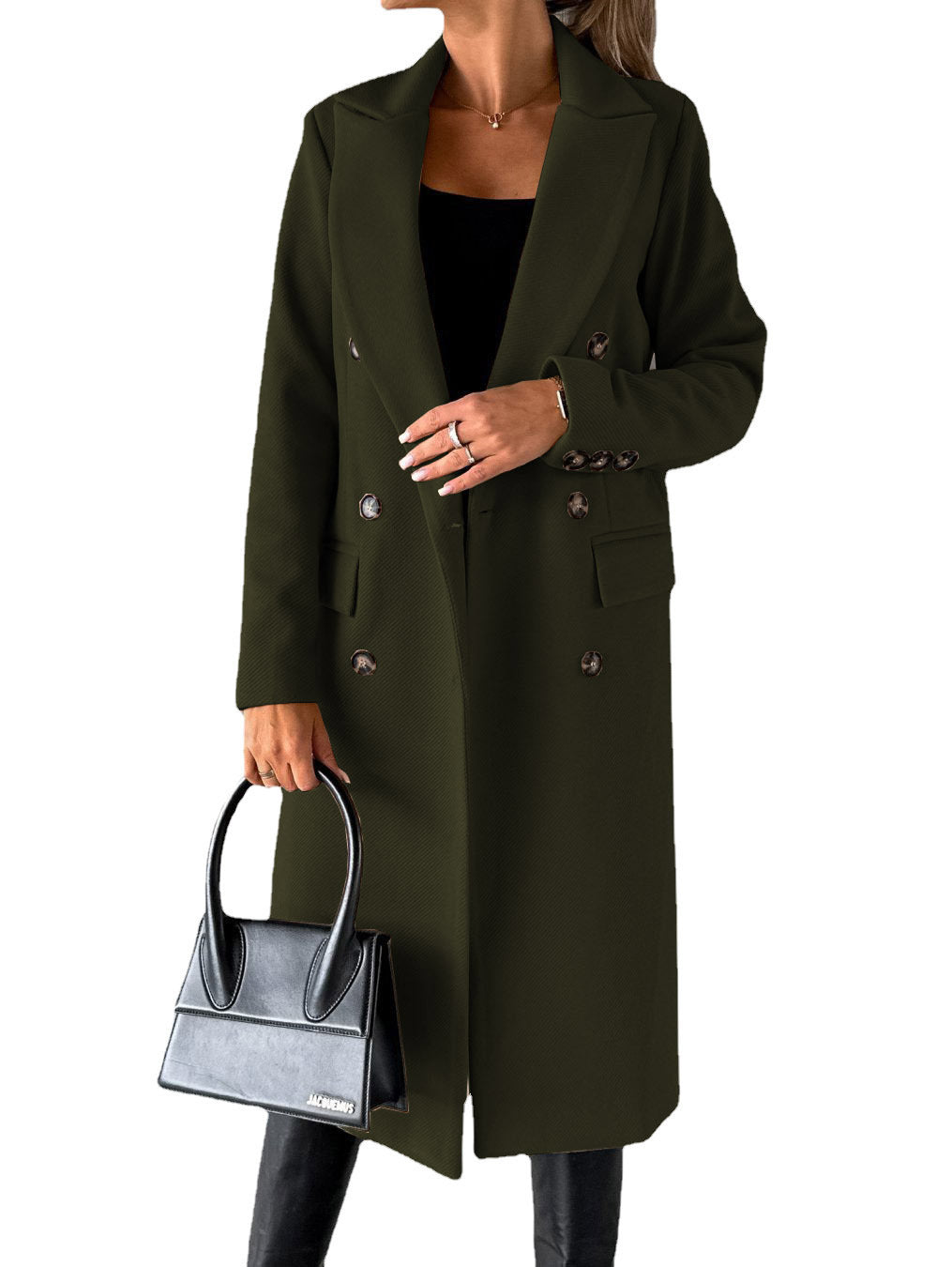 Women’s Double Breasted Lapel Winter Coat – Solid Slim Long Jacket, Fashionable Long Sleeve Top