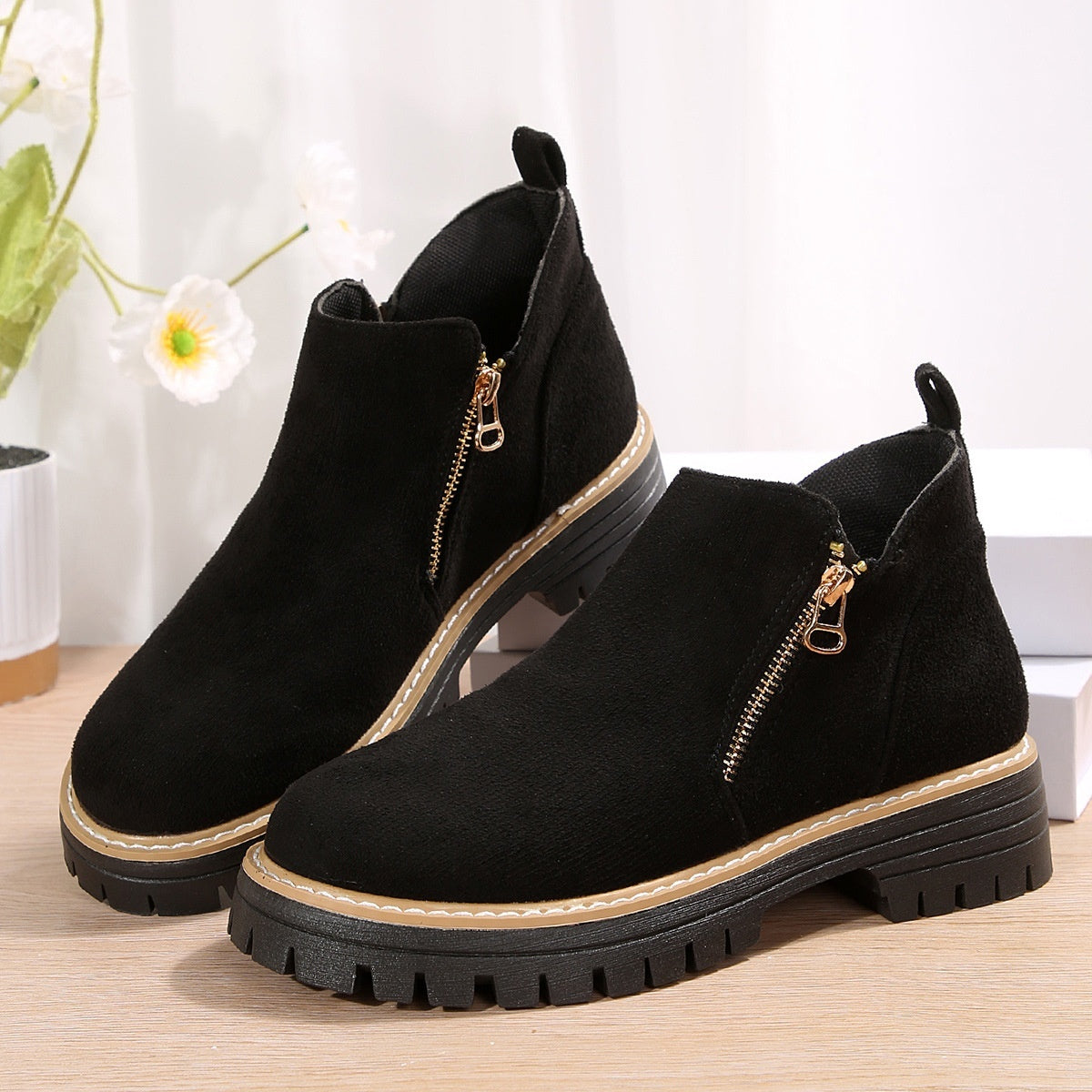 Women’s Suede Ankle Boots – Side Zipper Chunky Heel, Autumn Winter Fashion Outdoor Warm Booties