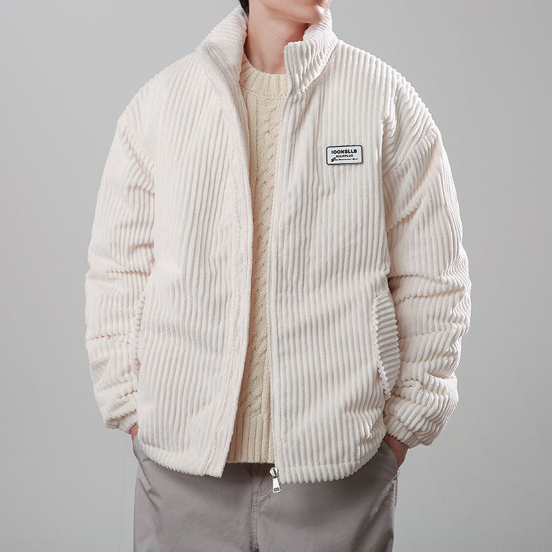 Unisex Corduroy Cotton-Padded Winter Coat – Warm Stand Collar Zipper Jacket, Casual Outdoor Streetwear, Comfortable Thick Long Sleeve Outerwear