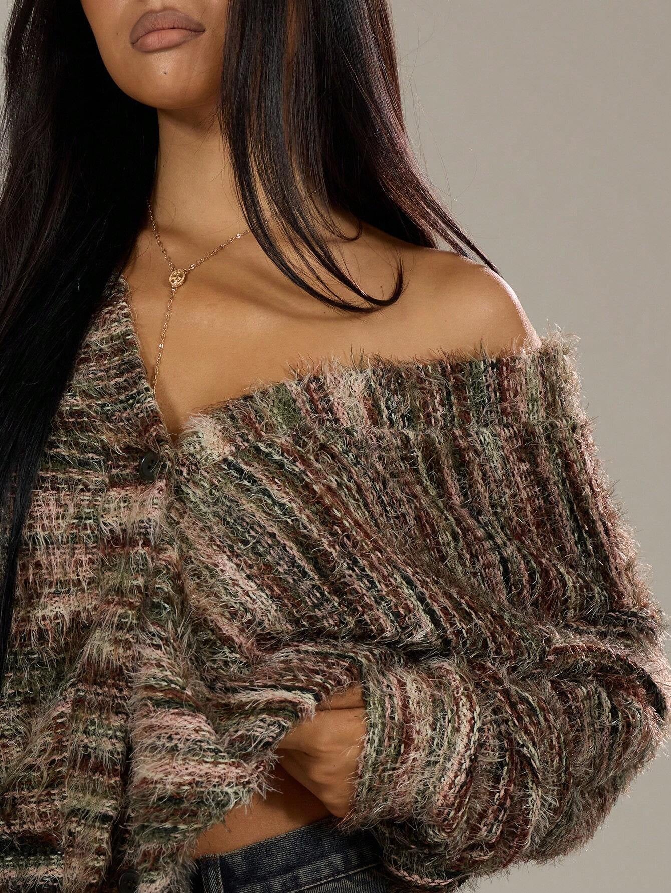 Women’s Winter Stripe Knitted Sweater – Button-Up Cropped V-Neck Cardigan, Long Sleeve Fashion Top