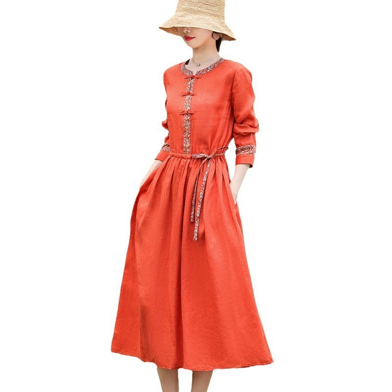 Vintage Cotton Linen Patchwork Midi Dress – Artistic Long Sleeve Round Neck, Women’s Lace-Up Cinched Waist