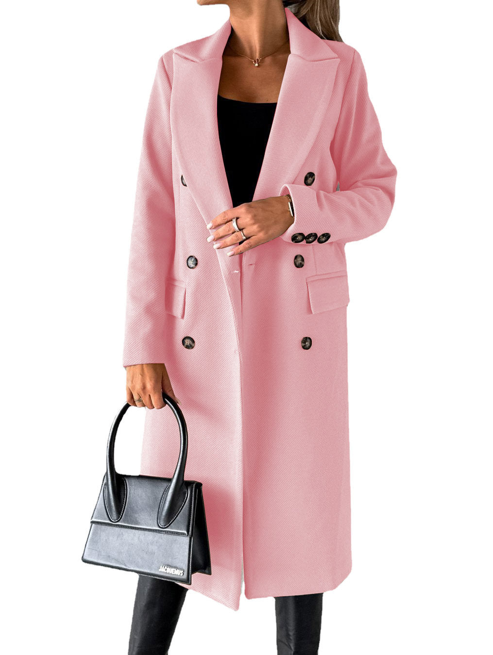 Women’s Double Breasted Lapel Winter Coat – Solid Slim Long Jacket, Fashionable Long Sleeve Top