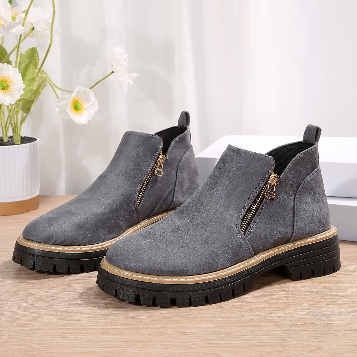 Women’s Suede Ankle Boots – Side Zipper Chunky Heel, Autumn Winter Fashion Outdoor Warm Booties