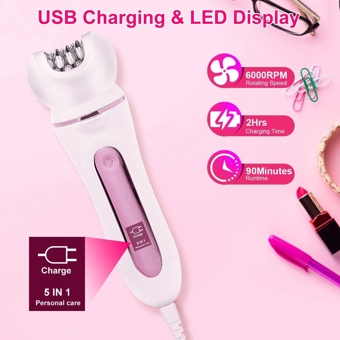 5-in-1 Electric Body Epilator Rechargeable Women’s Grooming Kit – Shaver, Facial Brush, Callus Remover, 5-Point Massager, LED Light & Display, Charging Base