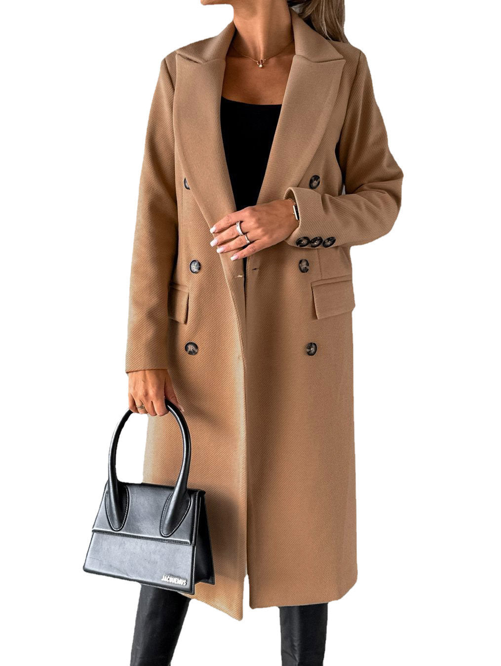 Women’s Double Breasted Lapel Winter Coat – Solid Slim Long Jacket, Fashionable Long Sleeve Top