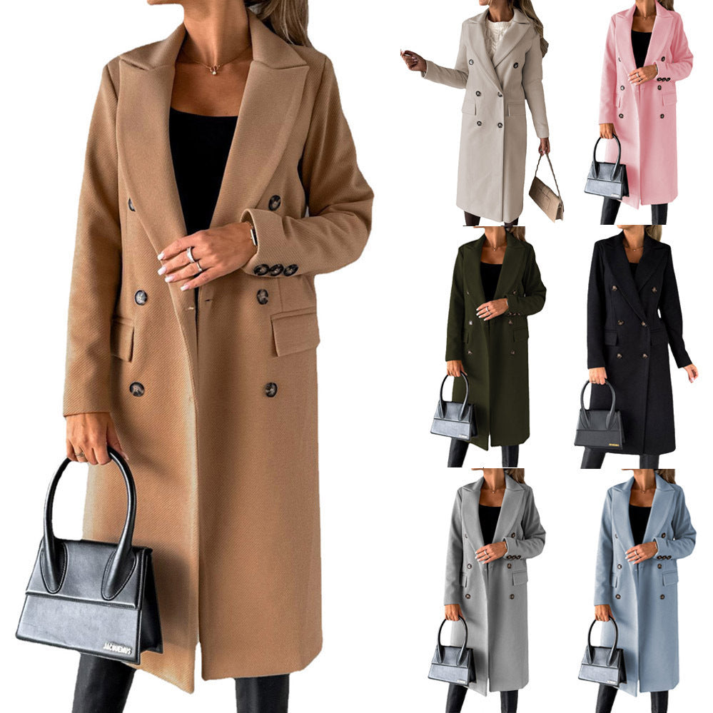 Women’s Double Breasted Lapel Winter Coat – Solid Slim Long Jacket, Fashionable Long Sleeve Top