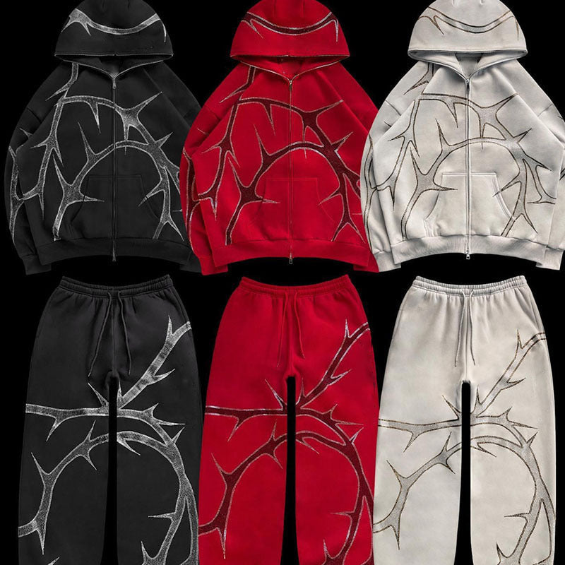 Street Style Hot Drilling Zip Hoodie & Trouser Set – Urban Fashion Tracksuit for Men & Women