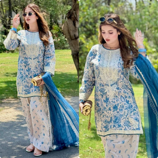 Designer Party Wear Printed Pure Natural Crepe Top & Farshi Palazzo Set with Dupatta – Elegant New Women’s Ethnic Outfit