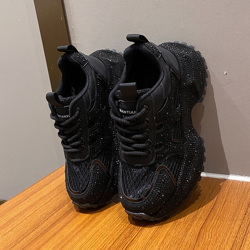 TIANXIU Women’s Chunky Platform Sneakers – Yellow Glitter Sneakers with Rhinestone Accents, Green Trim & Thick White Sole