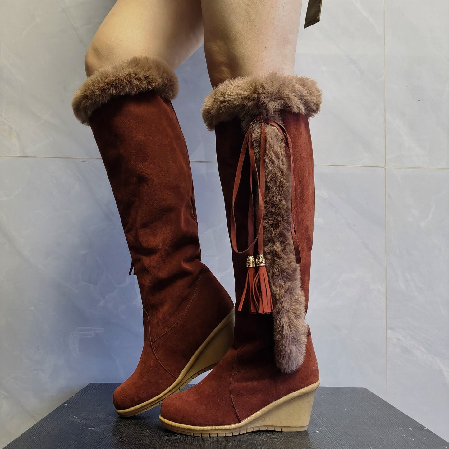 Women’s Plush Winter Long Boots – Warm Combat Boots with Wedge Heel