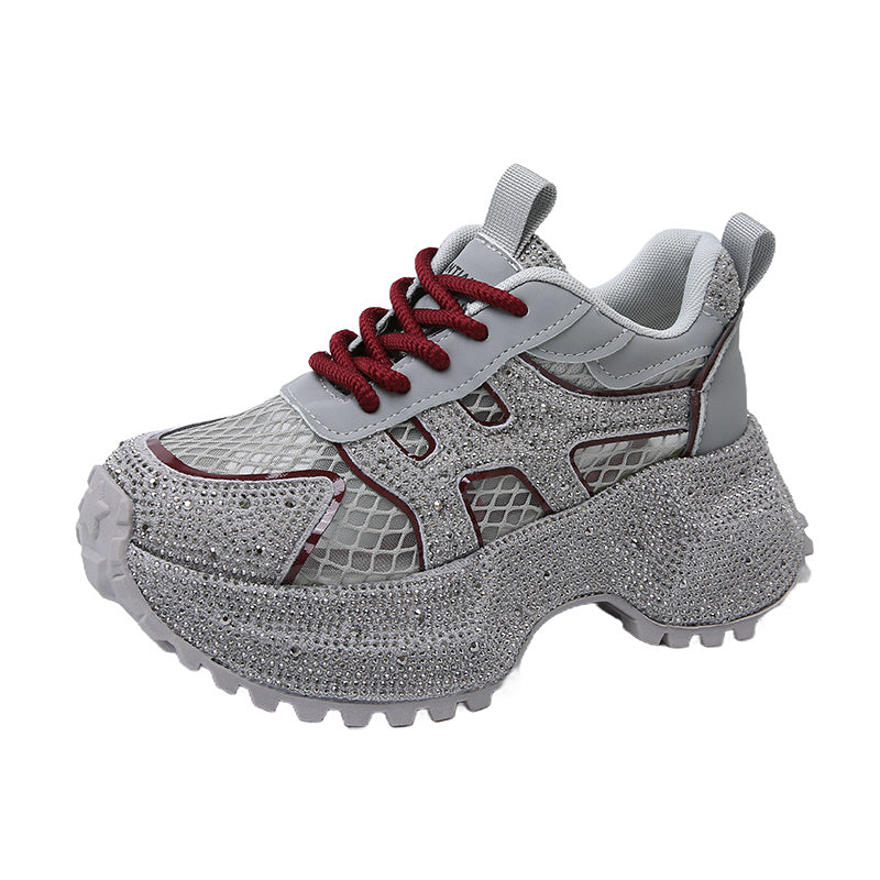 TIANXIU Women’s Chunky Platform Sneakers – Yellow Glitter Sneakers with Rhinestone Accents, Green Trim & Thick White Sole