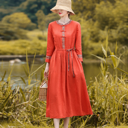 Vintage Cotton Linen Patchwork Midi Dress – Artistic Long Sleeve Round Neck, Women’s Lace-Up Cinched Waist