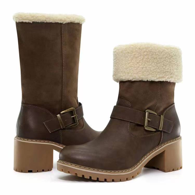 Women’s Western Buckle Fashion Boots – Chunky Heel Warm Winter Round Toe Ankle Boots