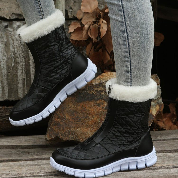 Women’s Black Winter Combat Boots – Plush Warm Shoes with Front Zipper, Slip-Resistant Fashion Boots