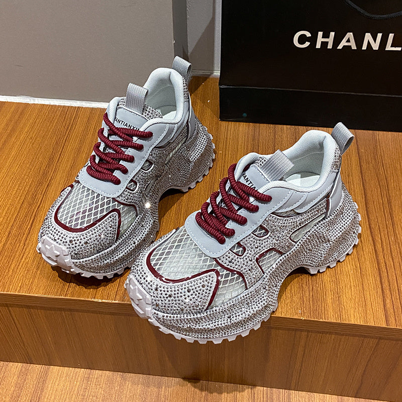 TIANXIU Women’s Chunky Platform Sneakers – Yellow Glitter Sneakers with Rhinestone Accents, Green Trim & Thick White Sole