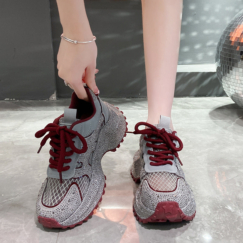 TIANXIU Women’s Chunky Platform Sneakers – Yellow Glitter Sneakers with Rhinestone Accents, Green Trim & Thick White Sole