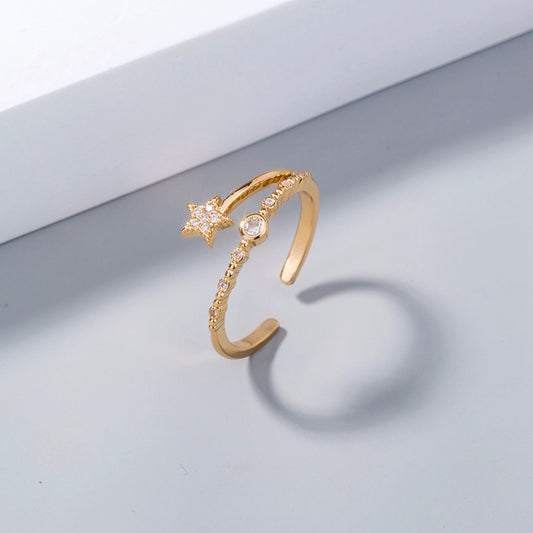Gold Micro-Inlaid Pentagram Ring for Women – Adjustable Copper Band with Electroplated Finish