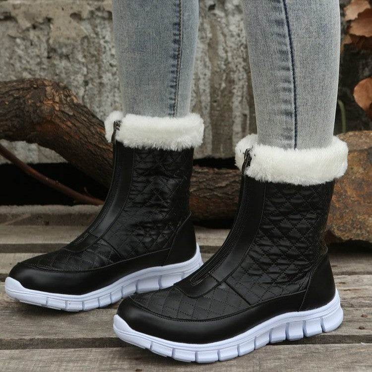 Women’s Black Winter Combat Boots – Plush Warm Shoes with Front Zipper, Slip-Resistant Fashion Boots
