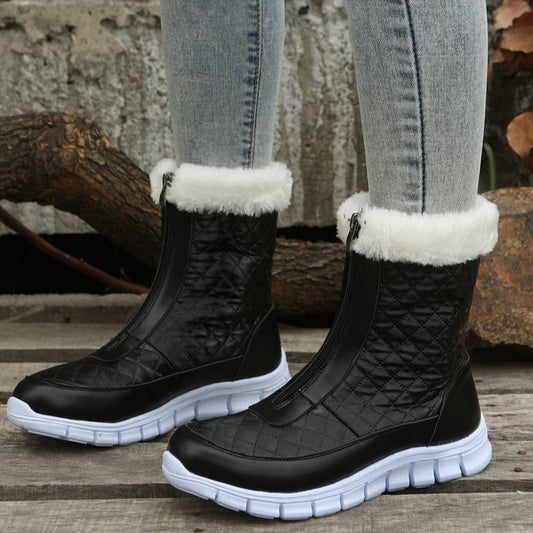 Women’s Black Winter Combat Boots – Plush Warm Shoes with Front Zipper, Slip-Resistant Fashion Boots