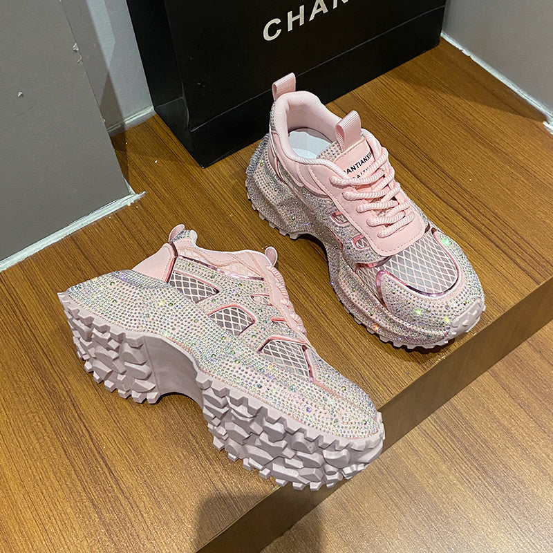 TIANXIU Women’s Chunky Platform Sneakers – Yellow Glitter Sneakers with Rhinestone Accents, Green Trim & Thick White Sole