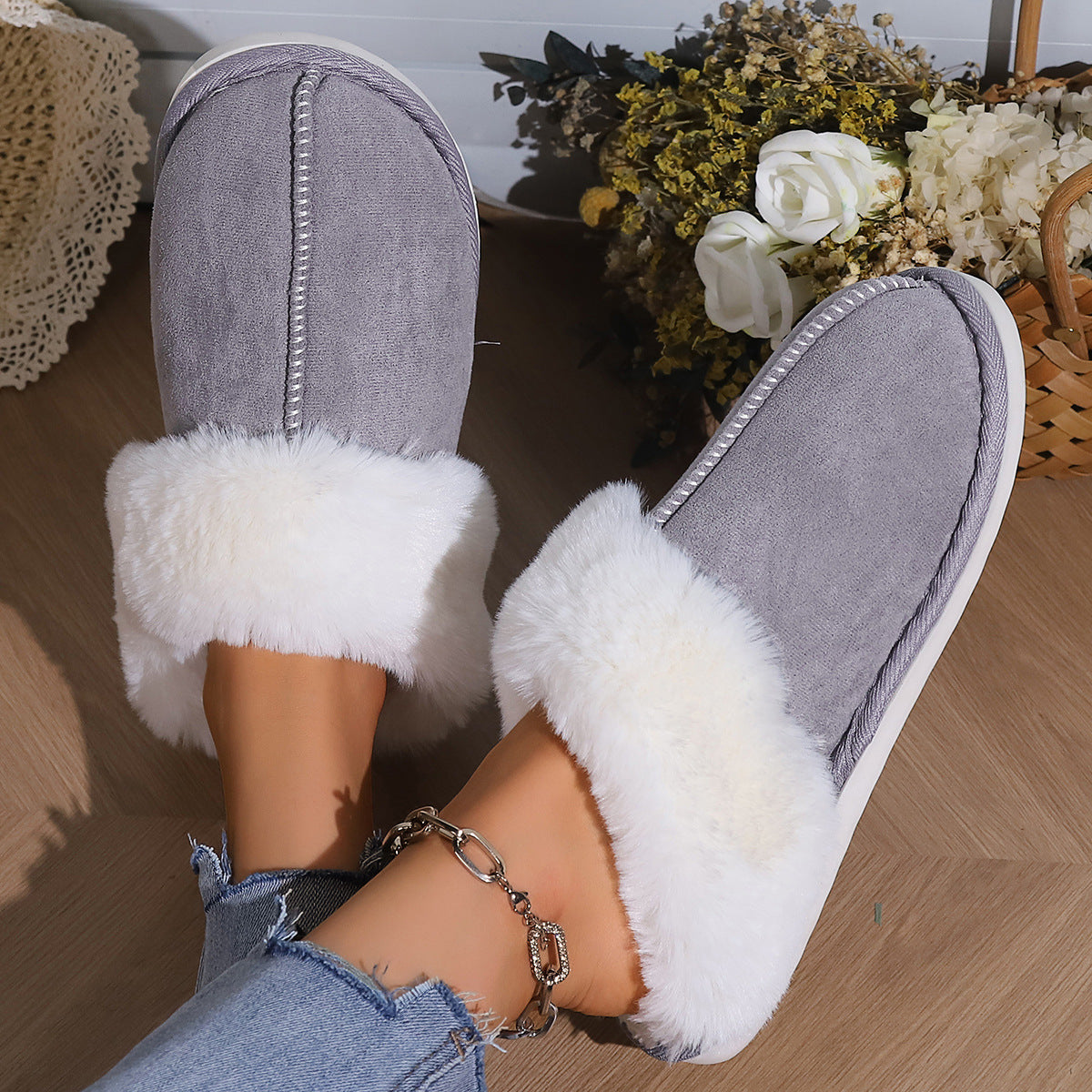 Fleece-lined Cotton Slippers – Autumn Winter Indoor Home Warm Fur Toe Cap Shoes