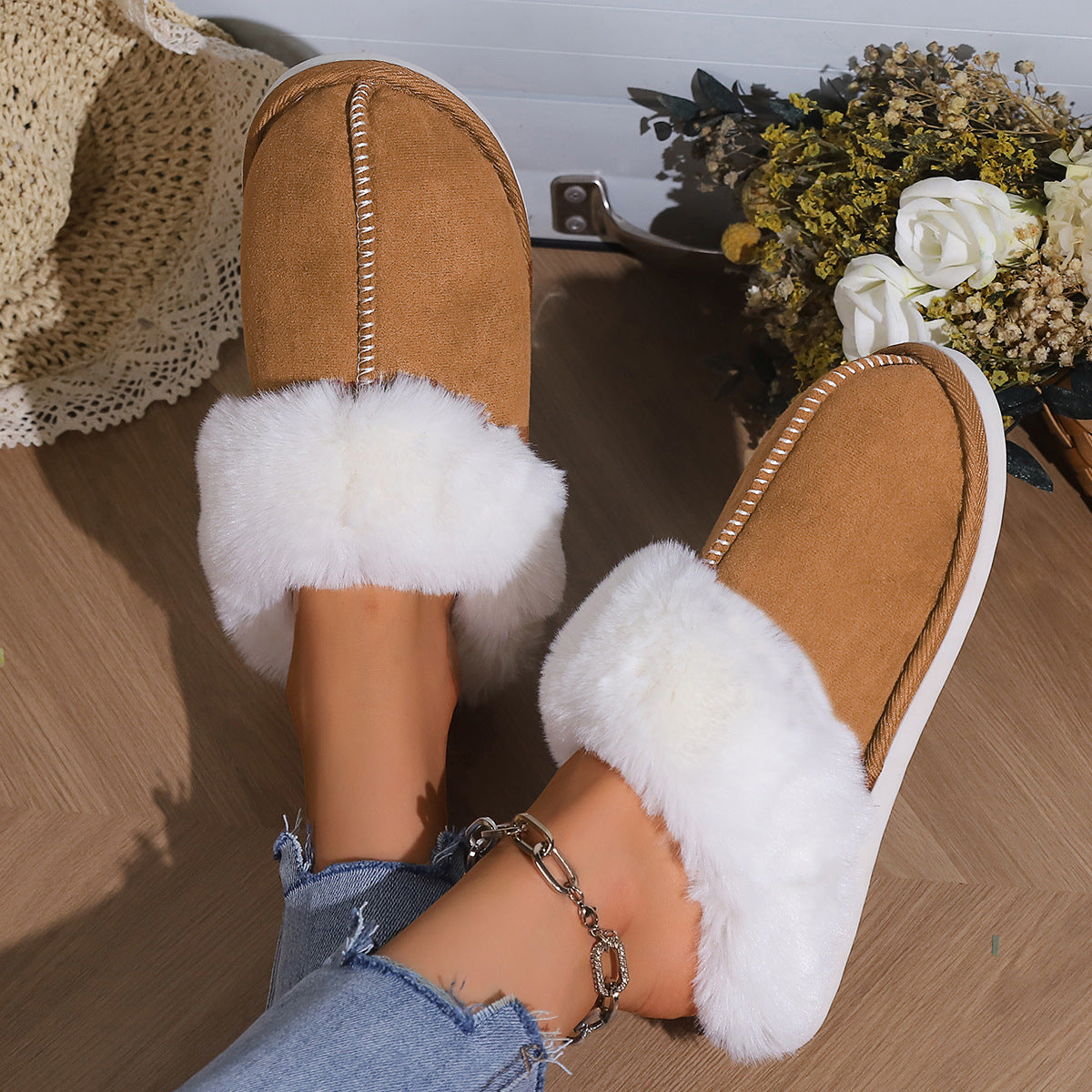 Fleece-lined Cotton Slippers – Autumn Winter Indoor Home Warm Fur Toe Cap Shoes