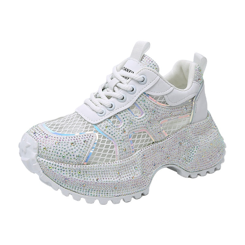 TIANXIU Women’s Chunky Platform Sneakers – Yellow Glitter Sneakers with Rhinestone Accents, Green Trim & Thick White Sole