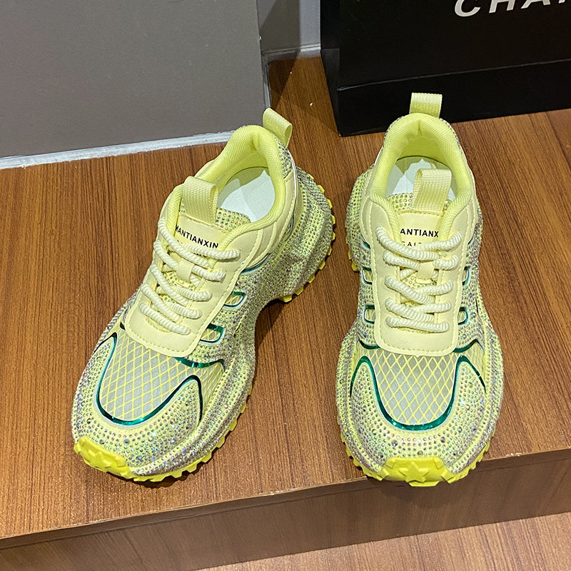 TIANXIU Women’s Chunky Platform Sneakers – Yellow Glitter Sneakers with Rhinestone Accents, Green Trim & Thick White Sole